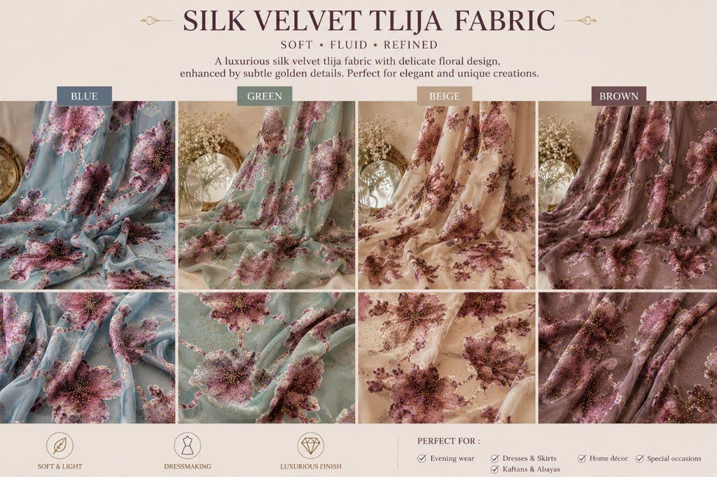 Silk Velvet Tlija Fabric Tlija Mobra Printed by Yard For Caftans, Takchitas Bridal & Traditional Fashion