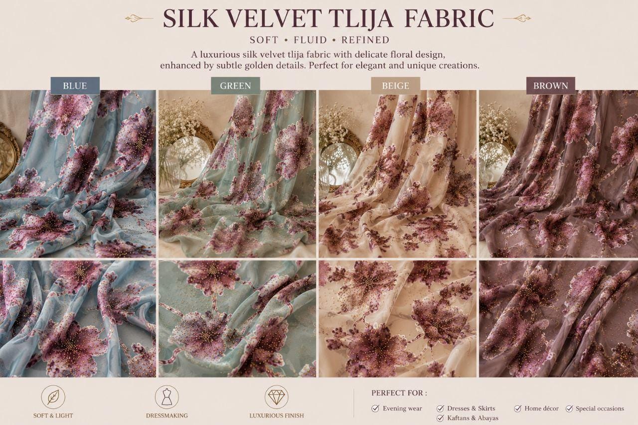 Silk Velvet Tlija Fabric Tlija Mobra Printed by Yard For Caftans, Takchitas Bridal & Traditional Fashion